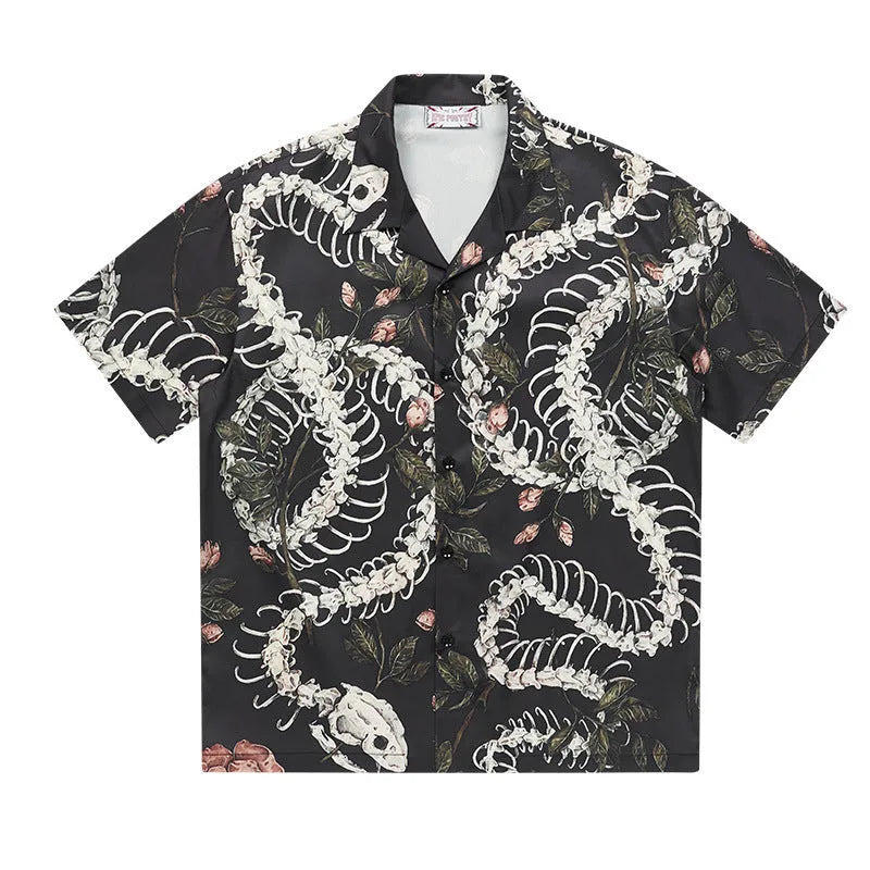 Men's snake bone pattern printed loose Cuban collar short sleeve shirt in colour options.