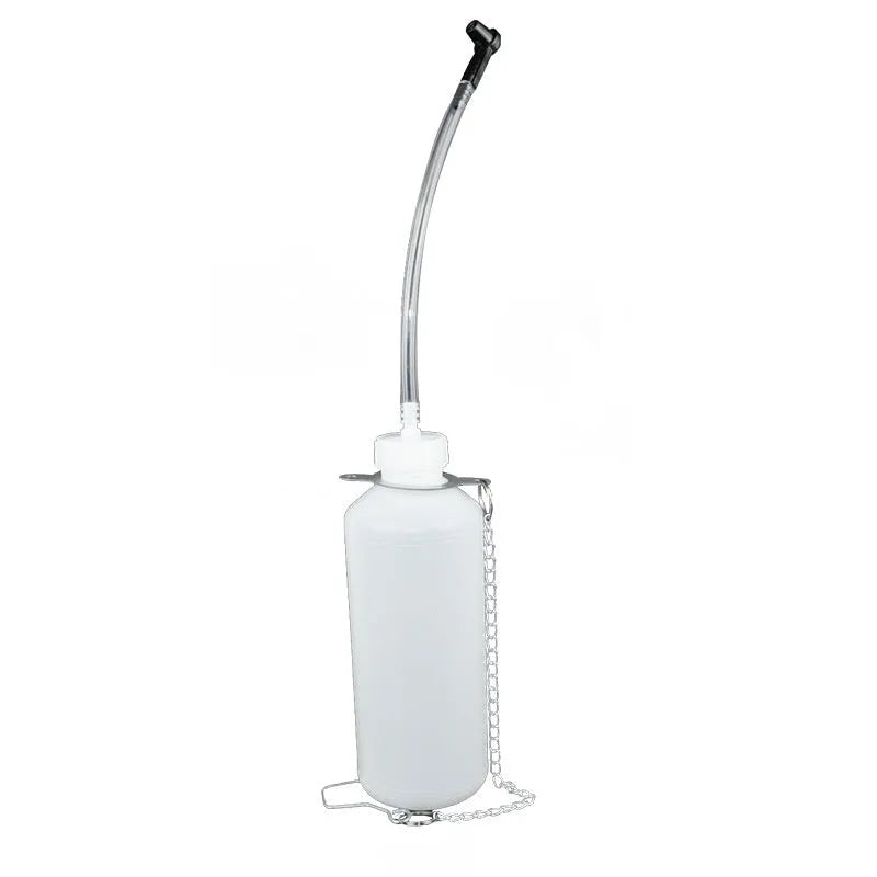 Pneumatic brake fluid replacement machine with large steel tank, pressure gauge, regulator, and transparent drain pipe.