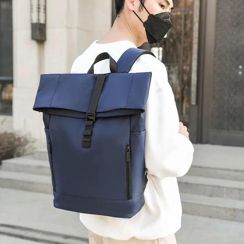 Men's gray nylon business leisure schoolbag waterproof breathable expandable backpack side view