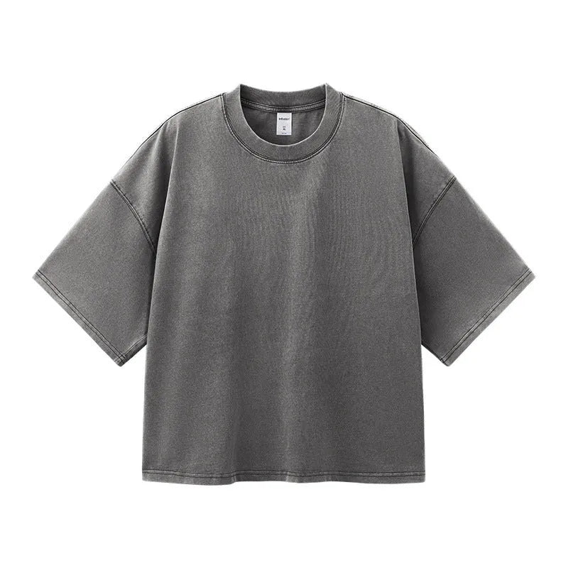 Men's loose fit cotton T-shirt in khaki colour with vintage wash texture and drop-shoulder sleeves