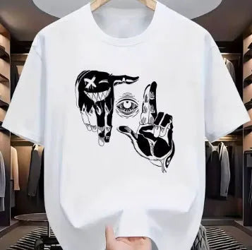 Men's mesh t-shirt with cartoon print design in multiple colour options showing round neck and short sleeves