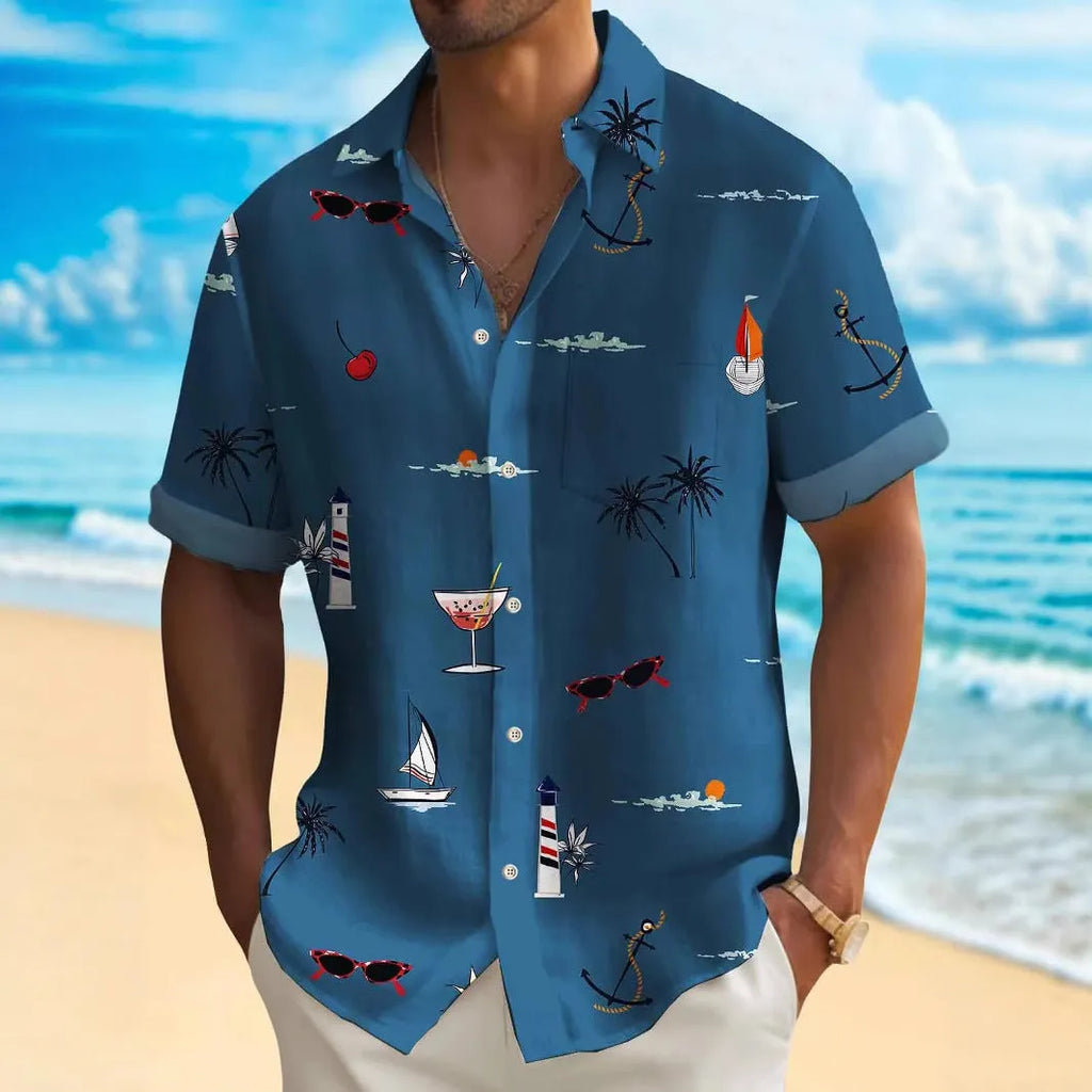Man wearing a loose fit, short sleeve Hawaiian shirt with a colourful digital print pattern.
