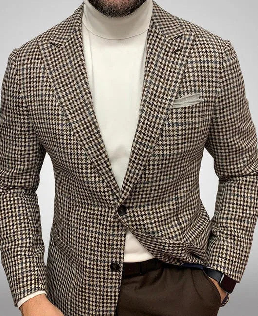 Men's slim fit two-button suit jacket with top-stitching pockets in a solid colour.