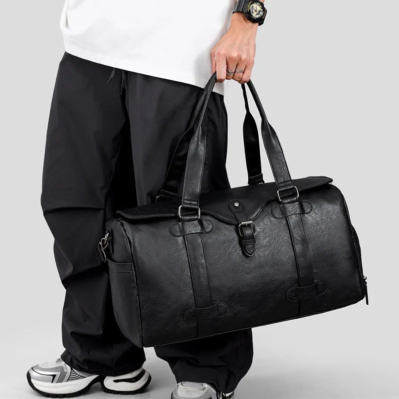 Black PU men's travel bag with large capacity, waterproof and wear-resistant, 52x27x27cm