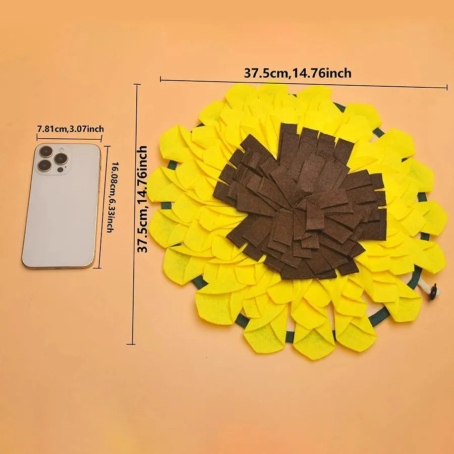 Yellow sunflower-shaped dog snuffle mat with rope and buckle for slow feeding and nosework training