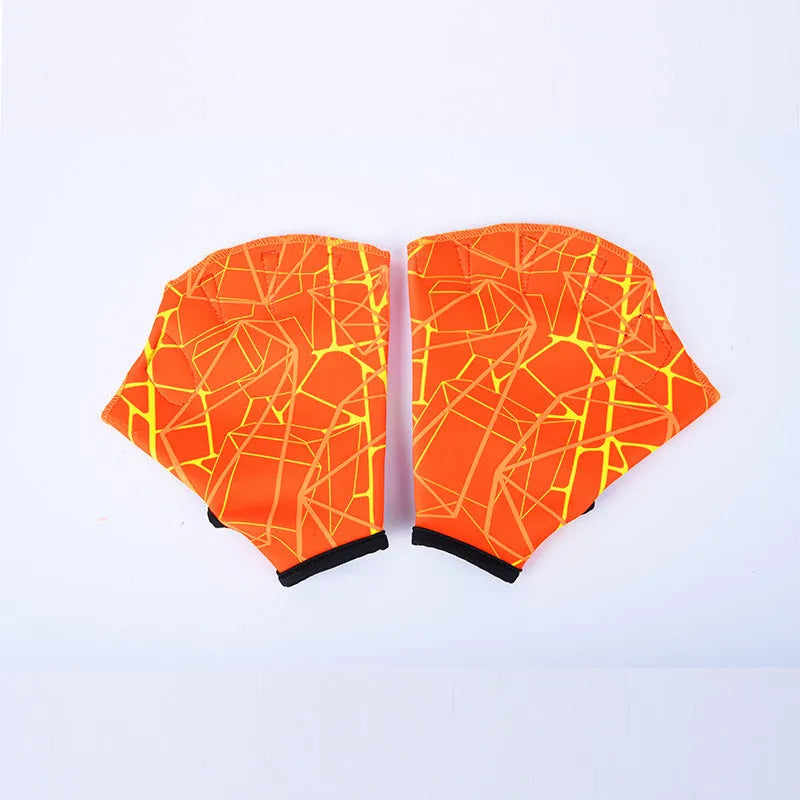 Webbed duck feet swimming gloves in nylon material showing colour variations and sizing options
