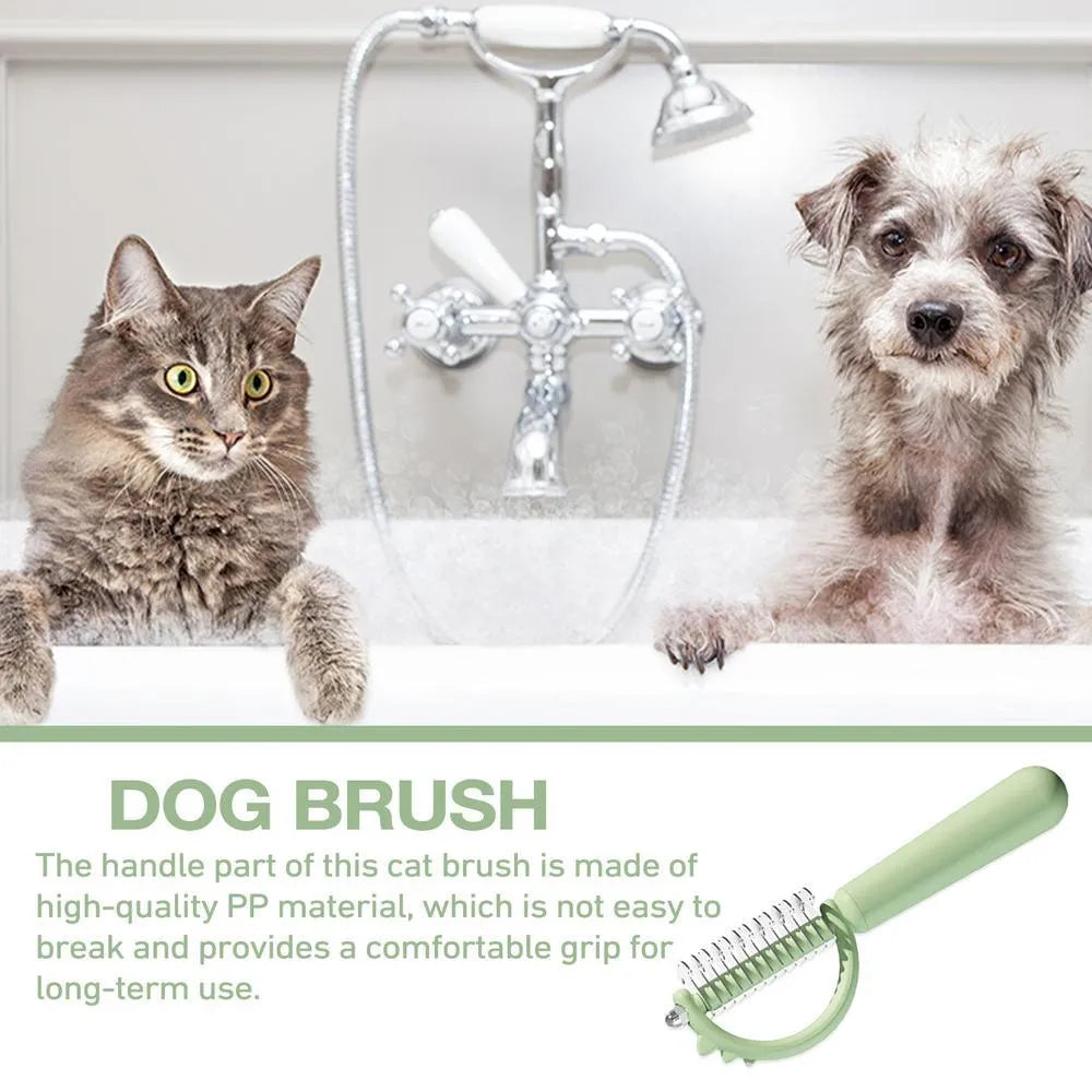 Dinosaur-shaped self-cleaning cat brush with stainless steel bristles in blue, green or white
