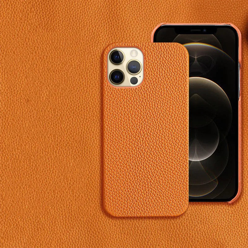 Genuine leather protective case for iPhone in multiple colours, showing simple design and half-break style.