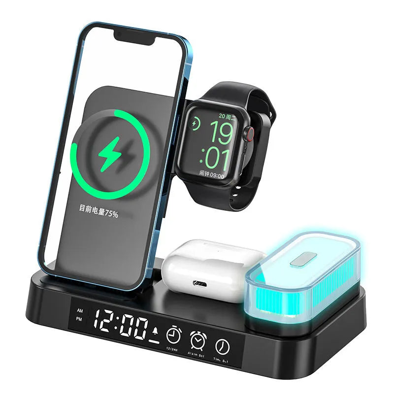 White foldable wireless charging station showing alarm clock display, phone charging surface and RGB night light