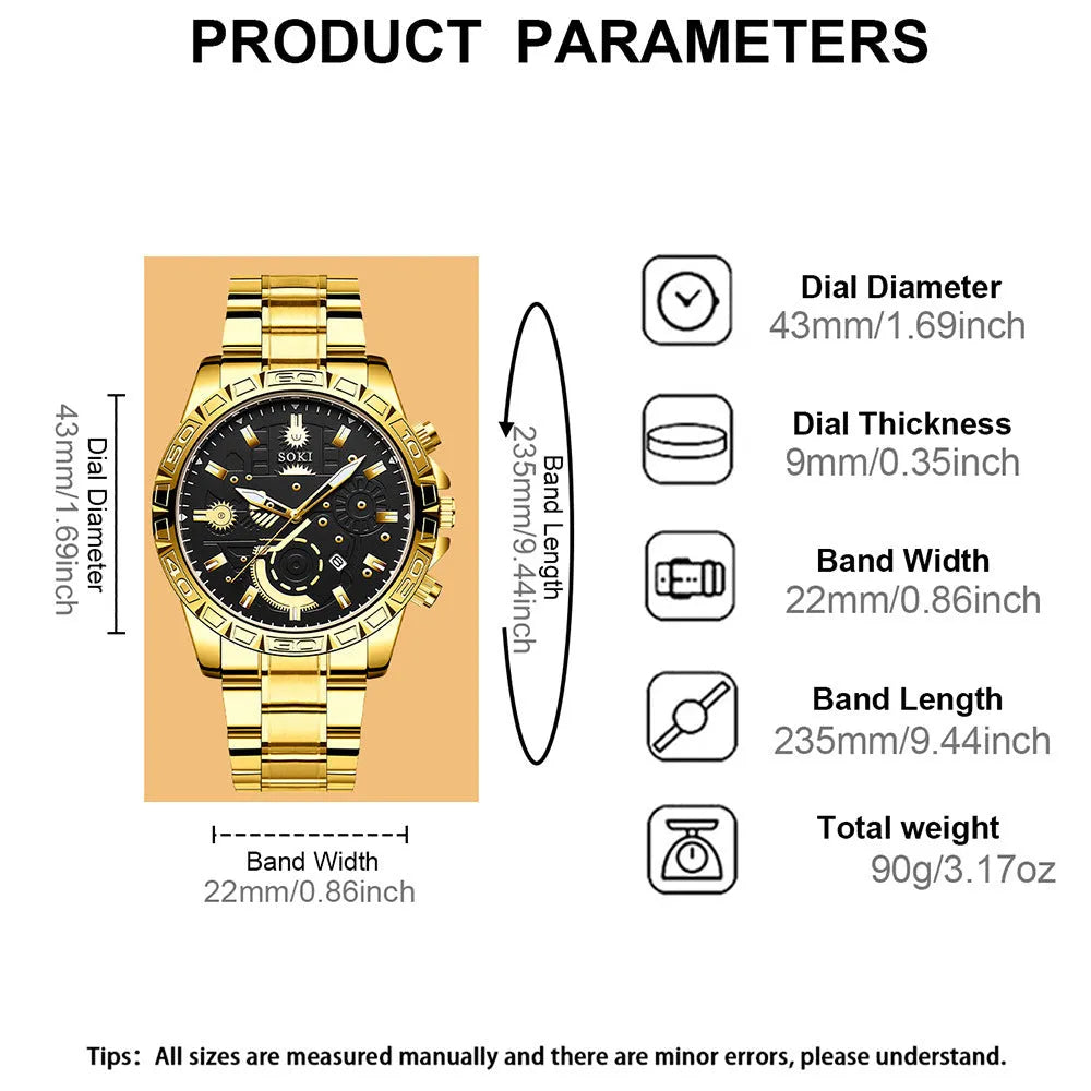 Men's gold steel business quartz watch with stainless steel bracelet on wrist
