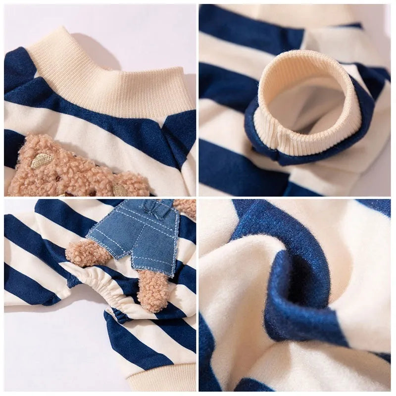 Blue striped bear four-legged pet pyjamas on a small dog with pullover round neck and long sleeves
