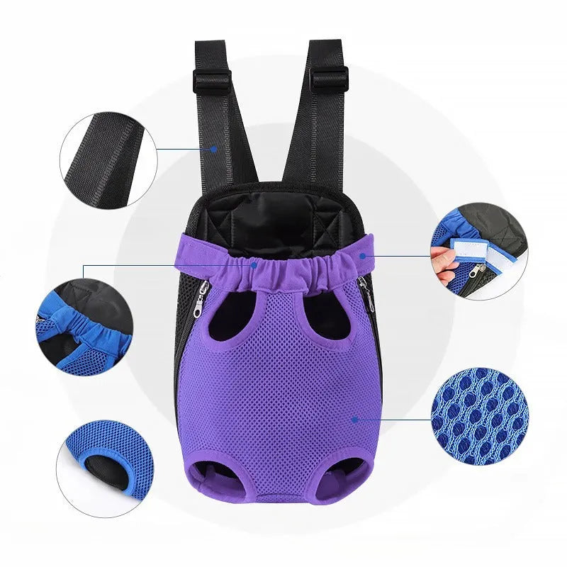 A person wearing a blue nylon dog carrier backpack on their front, containing a small dog. The bag shows mesh panels and an open-top design.
