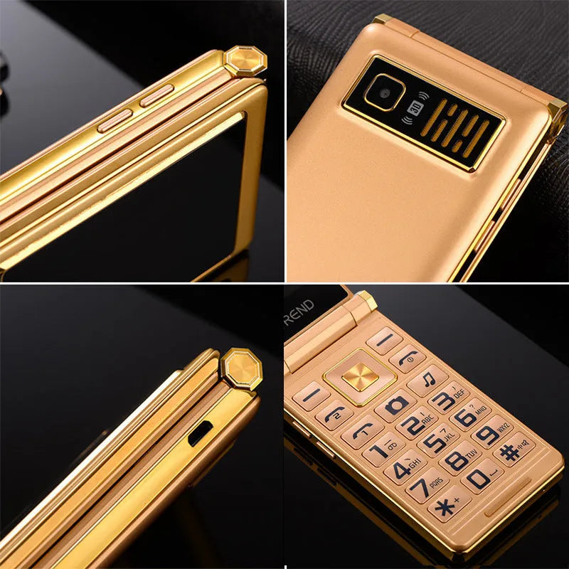 Black dual screen flip mobile phone showing both internal touch screen and smaller external display.