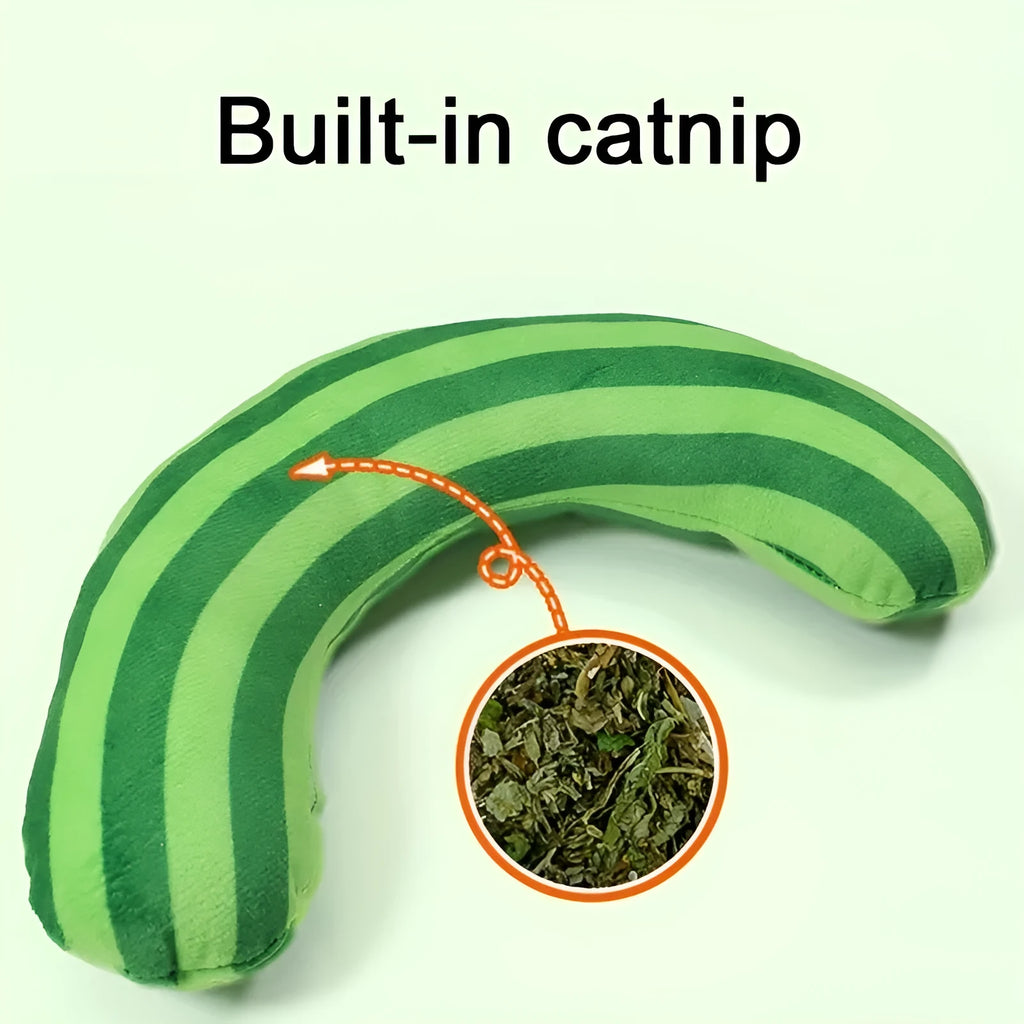Striped pattern cat pillow toy measuring 23 by 20 cm with built-in catnip and noise features
