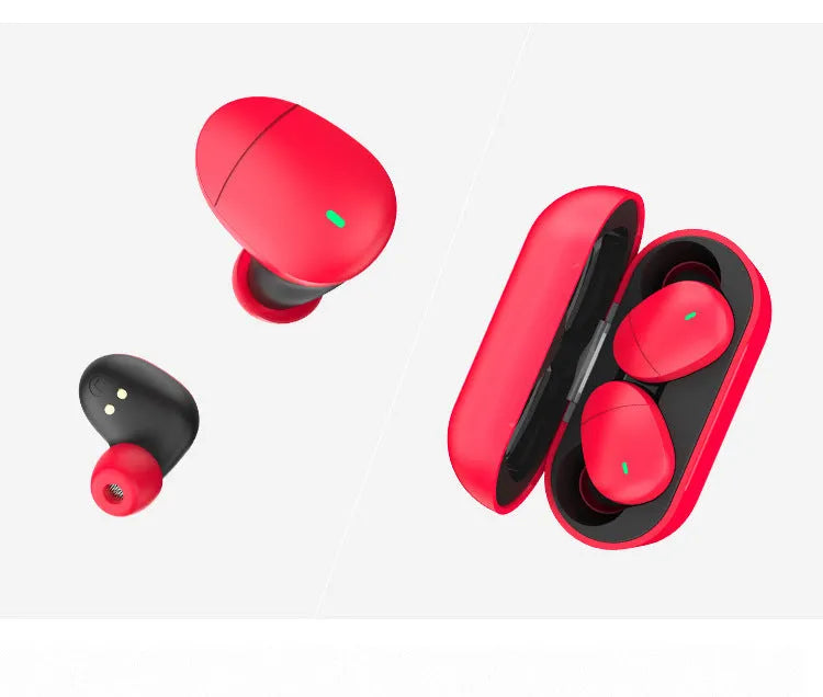 Flame red Qualcomm TWS 3040 wireless Bluetooth earbuds with charging case.