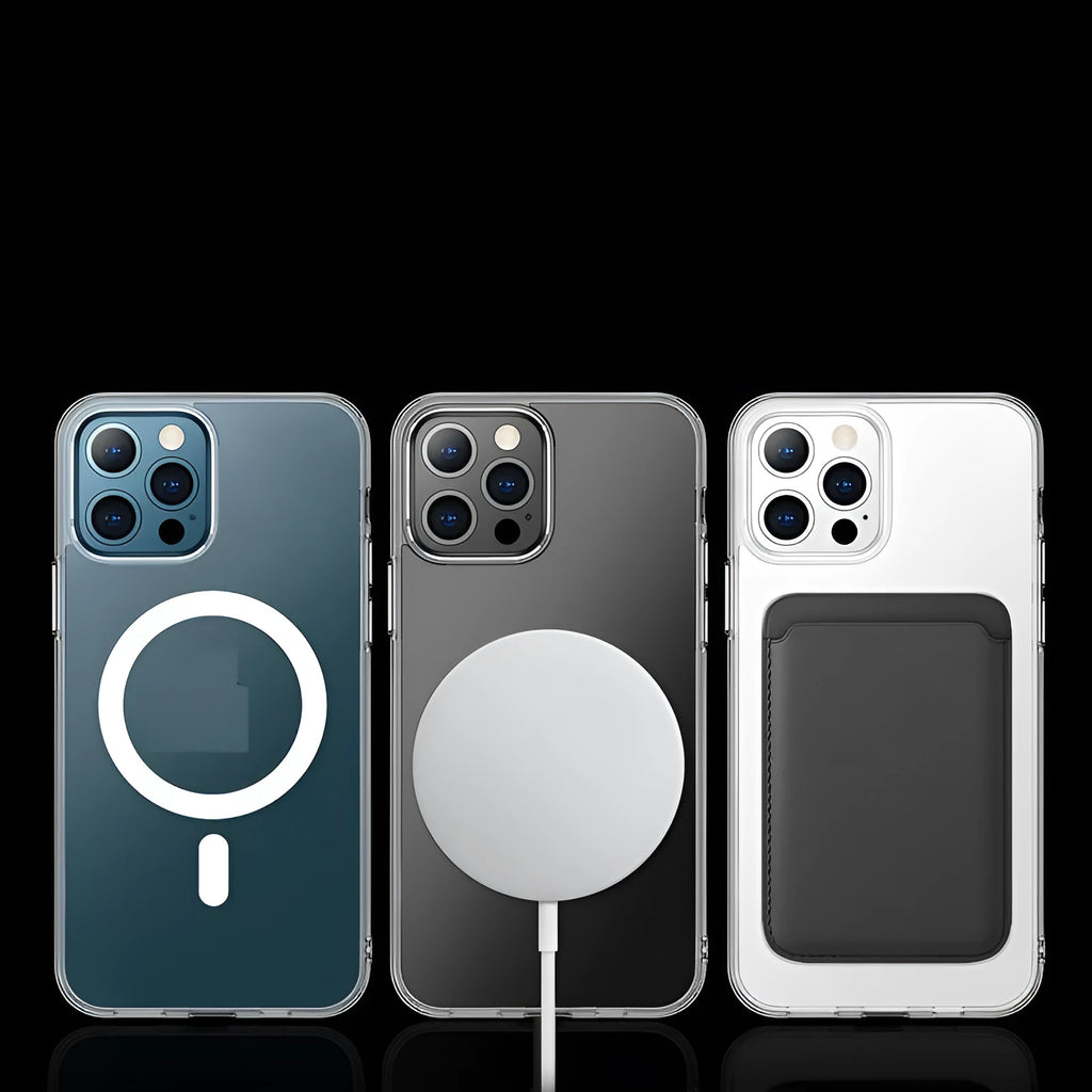 Transparent magnetic iPhone case showing clear back cover with integrated magnetic ring