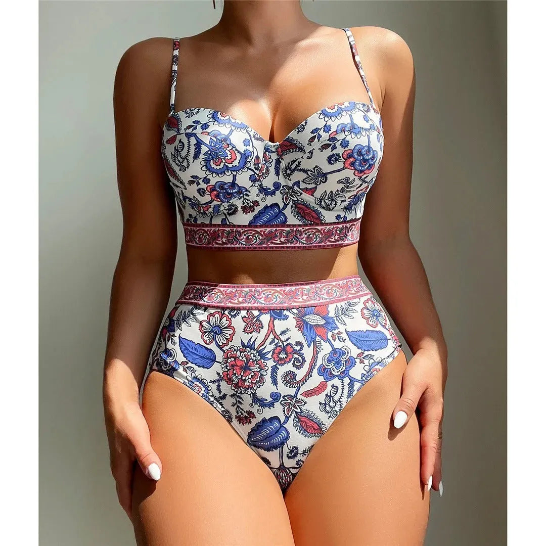 Blue women's high waist push-up bikini swimsuit with polyester fabric