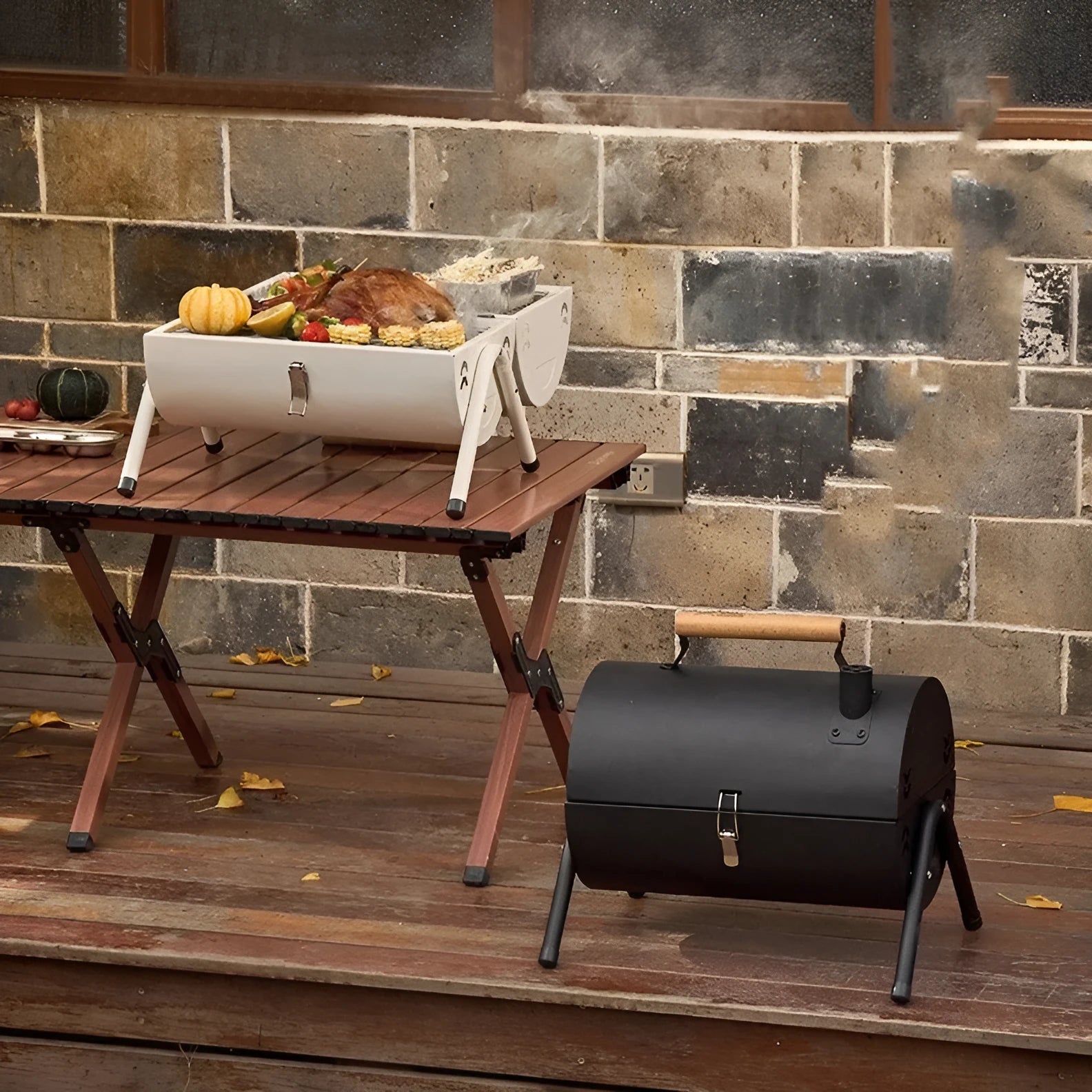White portable folding grill with detachable carbon tank for outdoor frying and baking