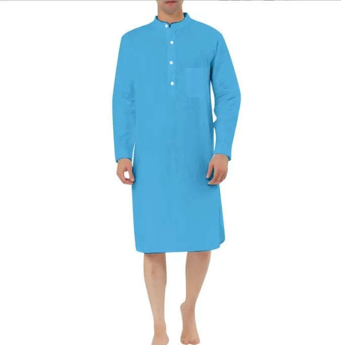 Men's cotton shirt robe in light blue with simple chest pocket, shown with relaxed fit for home wear
