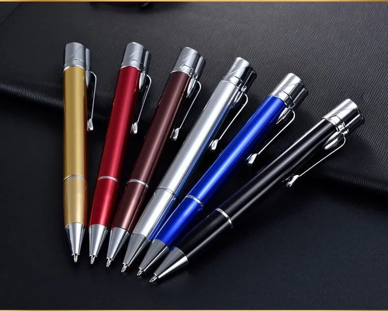Silver metal windproof jet pen lighter with a blue flame, showing its slim 170mm design.