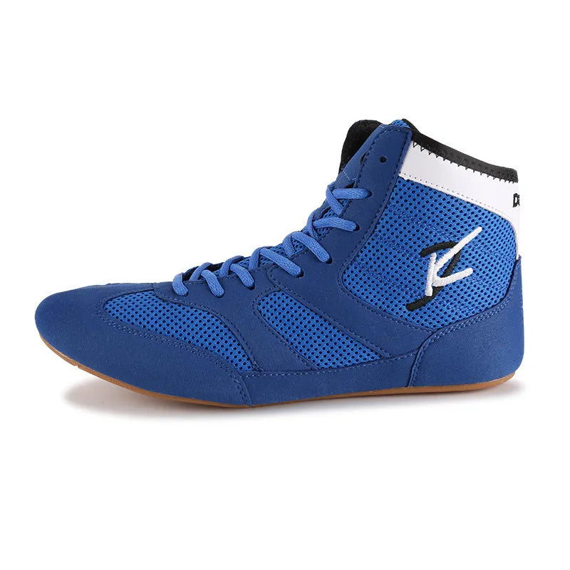 Breathable mesh wrestling boxing training shoes in red and blue with lace-up closure