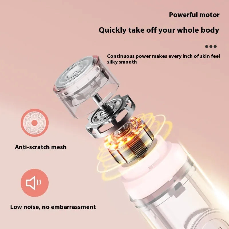 Pink and white electric body hair trimmer with USB charging cable on white background