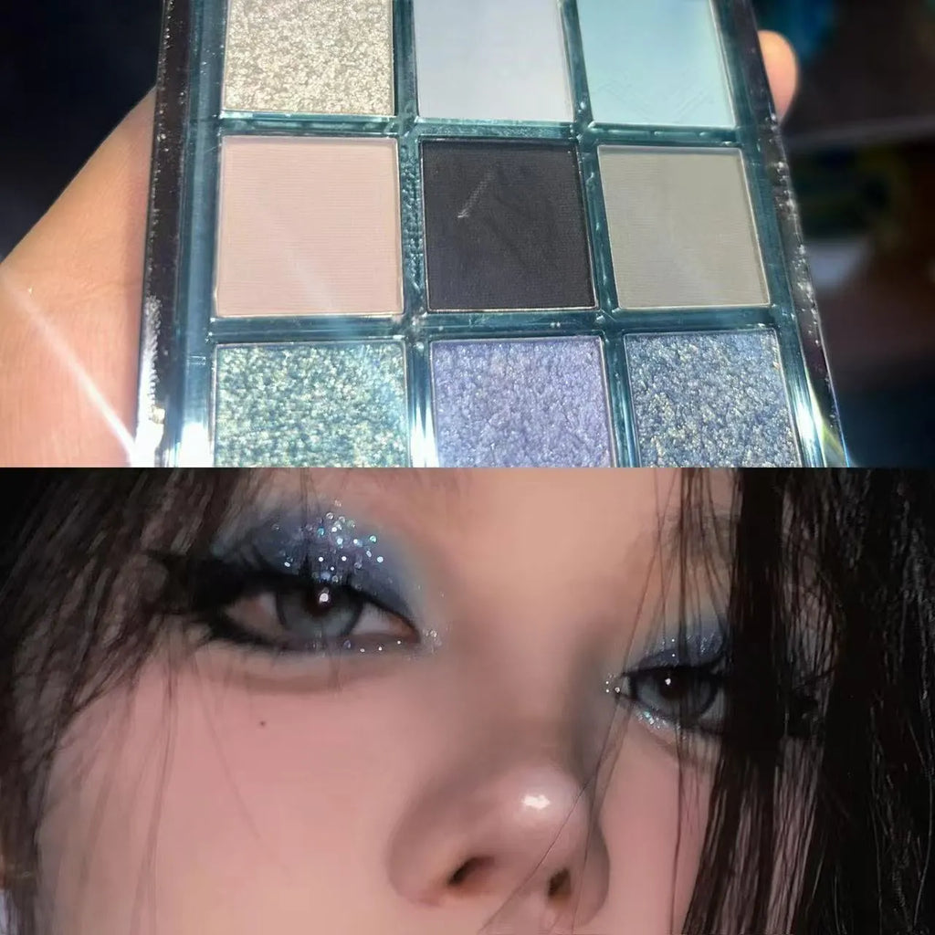 MUGELEEN nine-colour eye shadow palette 08 showing matte and shimmer blue smoked shades