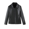 Black men's loose-fit PU leather jacket with zipper and polyester lining.