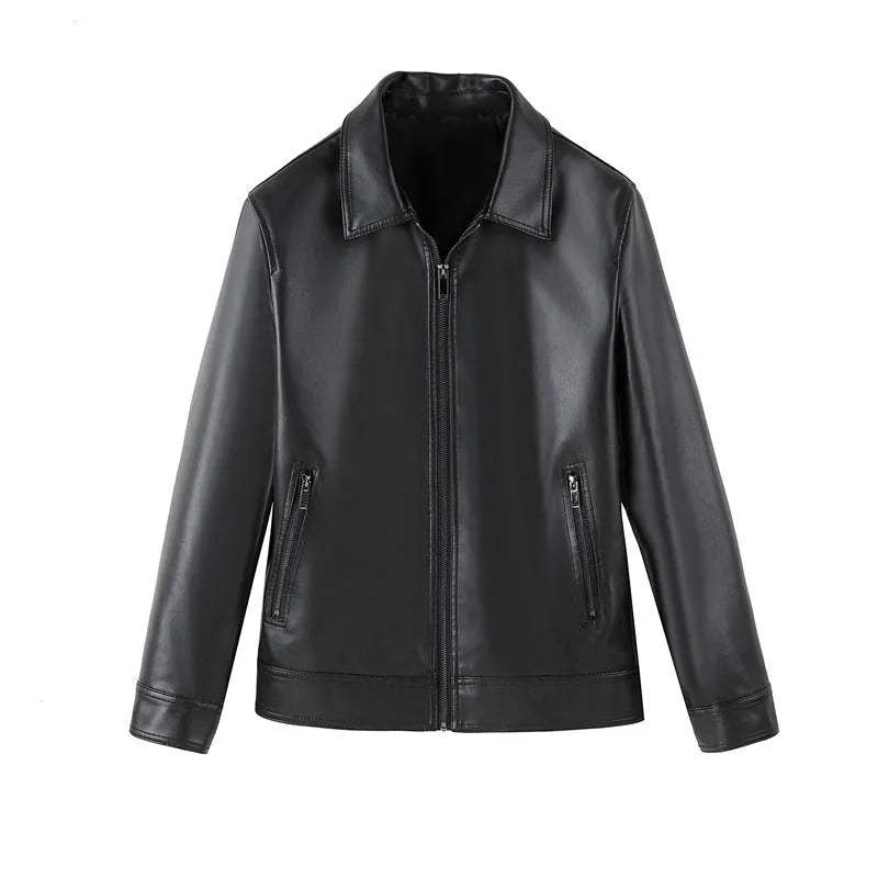 Black men's loose-fit PU leather jacket with zipper and polyester lining.