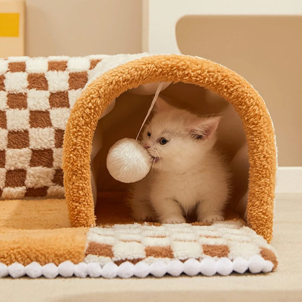 XL fan-shaped plush pet bed with integrated tunnel in coffee colour with plaid pattern
