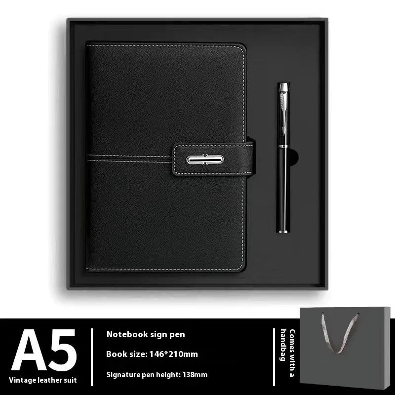 Customisable A5 notebook with PU leather cover in choice of colours, featuring wood-free paper.