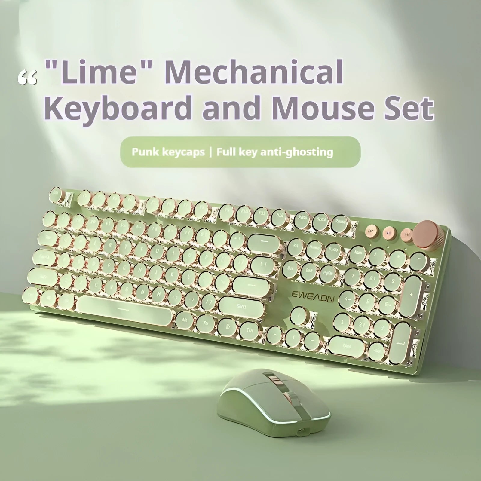 Matcha green mechanical gaming keyboard with white backlighting, aluminium panel, and multifunction knob on desk