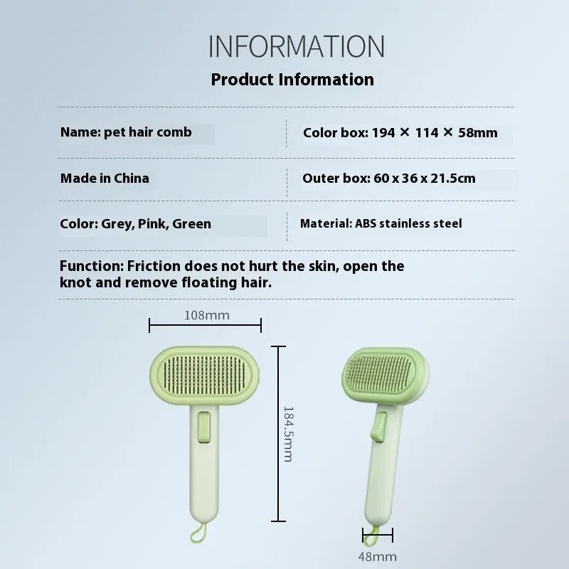 Large light grey pet hair removal comb for cats and dogs with stainless steel teeth and integrated de-matting shaver.