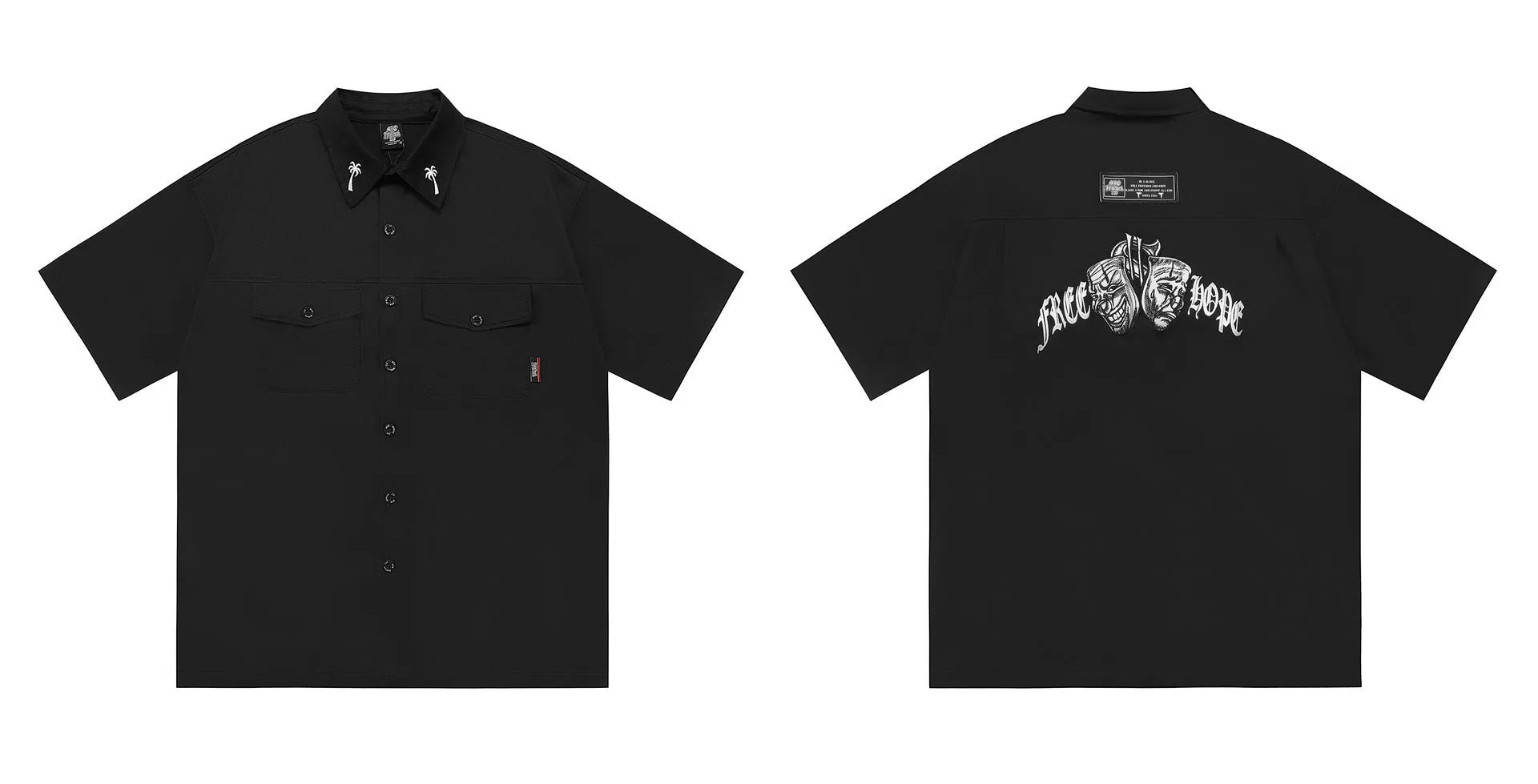 Men's black cotton blend shirt with embroidery detail on front, loose fit with short sleeves