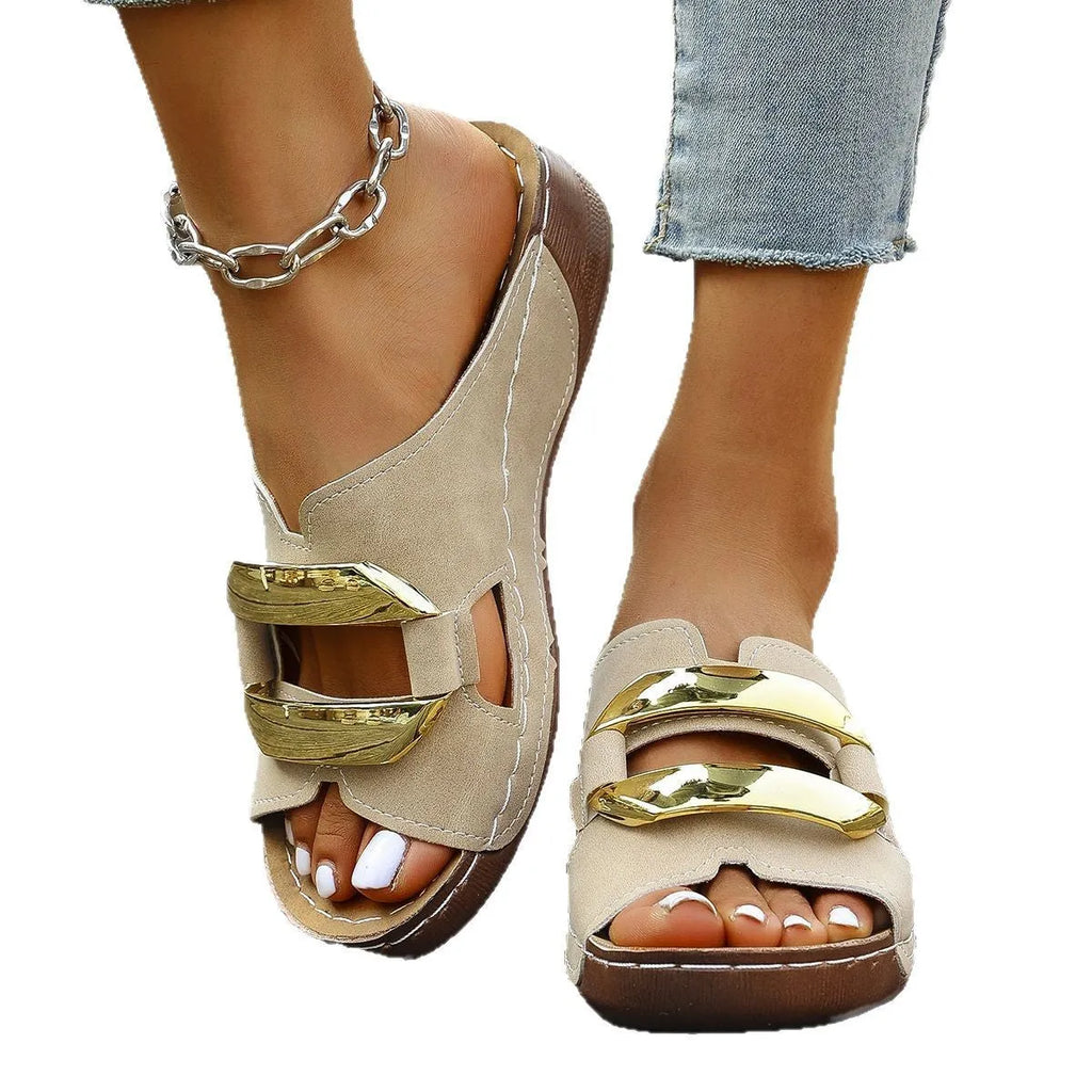Roman style platform sandals in white, black, khaki, and sea blue on a solid background