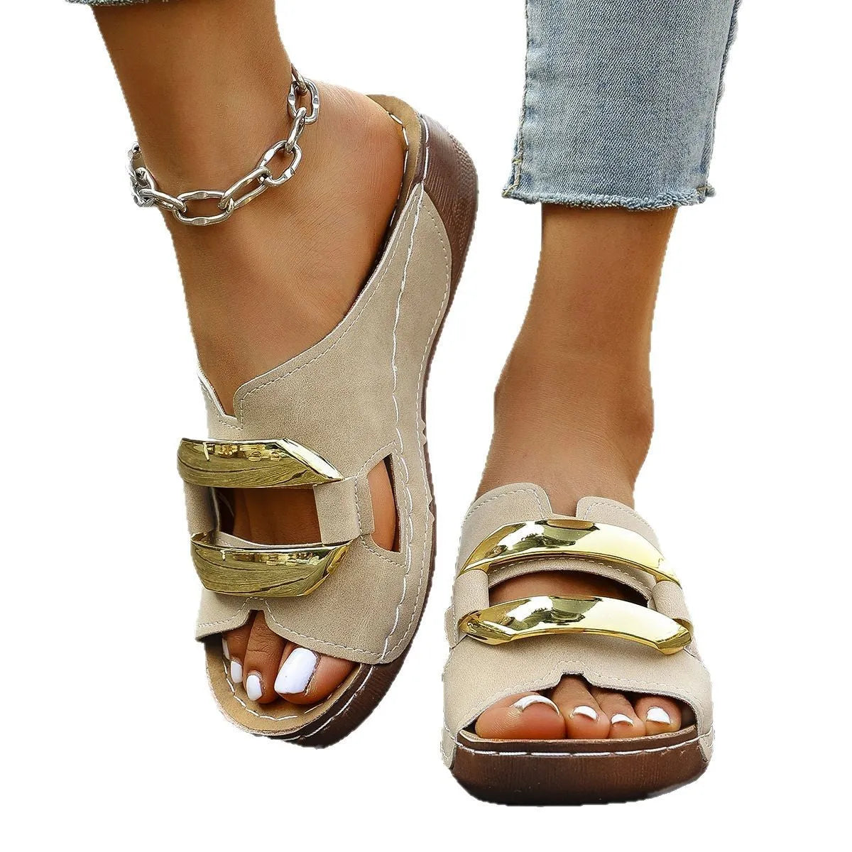 Roman style platform sandals in white, black, khaki, and sea blue on a solid background