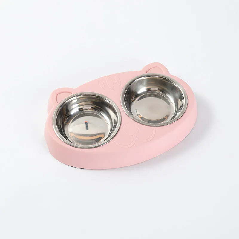 Macaron-style plastic pet feeder with two bowls in blue, green or pink colours