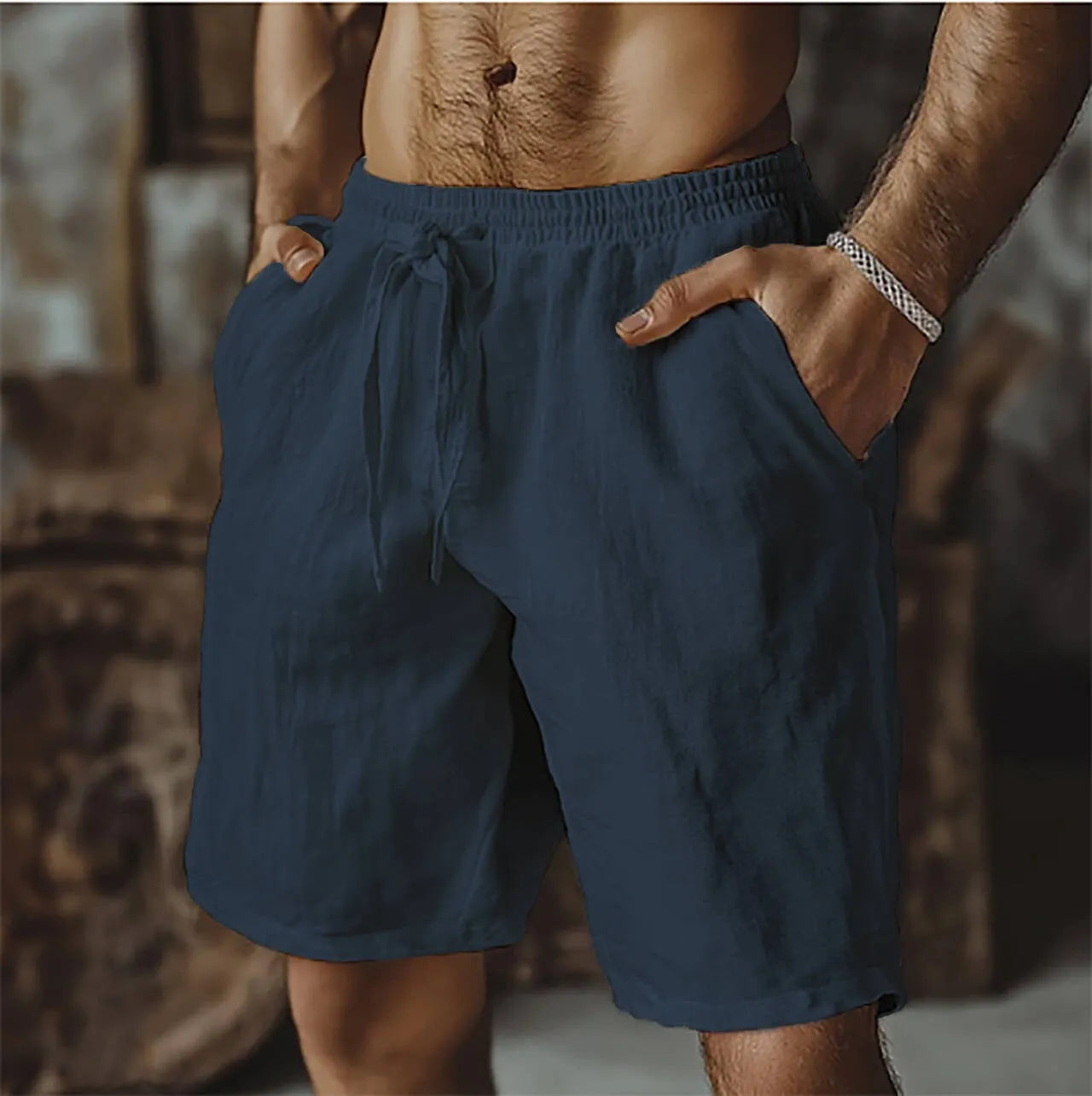 Men's cotton linen blend casual shorts in straight cut British style