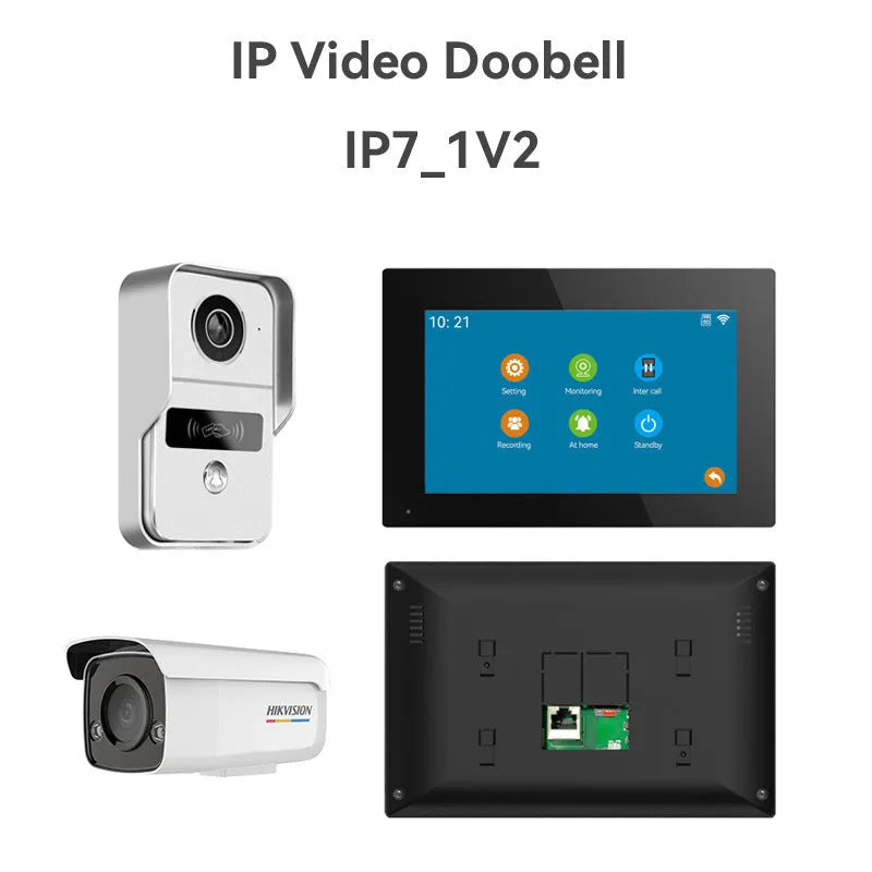 1080P video intercom doorbell system with outdoor unit and 10-inch indoor display monitor.