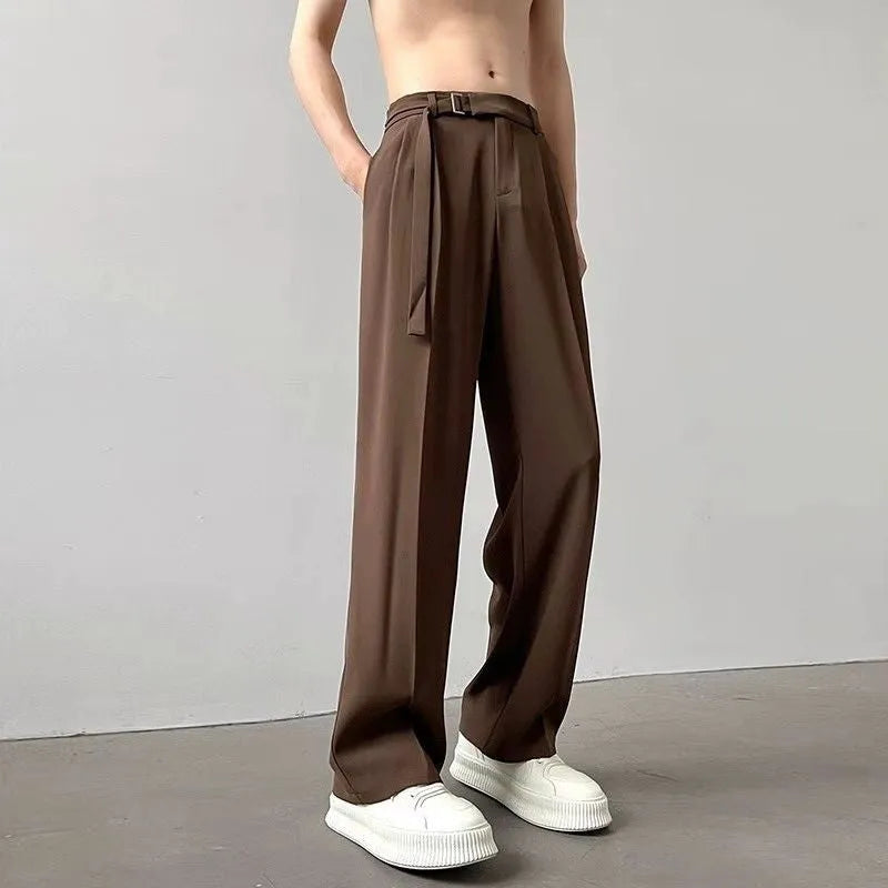 Thin straight wide leg trousers in black chemical fibre blend fabric with non-ironing feature