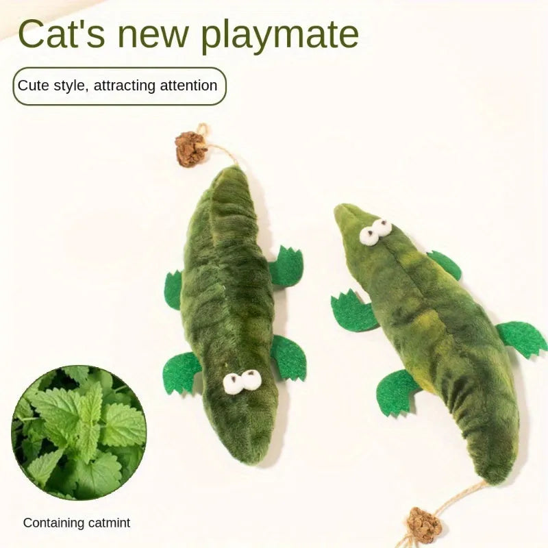 Green plush alligator cat toy with plant-based catnip filling for feline oral cleansing and stress relief