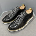 Men's fashion shoes with embossed pattern, low-tube design, and front tie closure in multiple colour options