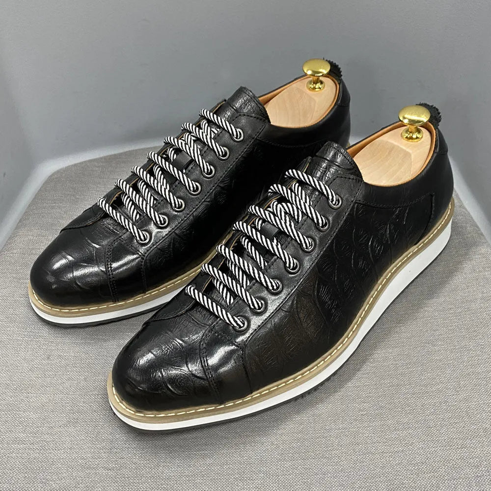 Men's fashion shoes with embossed pattern, low-tube design, and front tie closure in multiple colour options