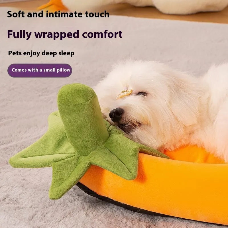 Removable washable cloth dog bed mat in purple, orange, brown, and grey colours