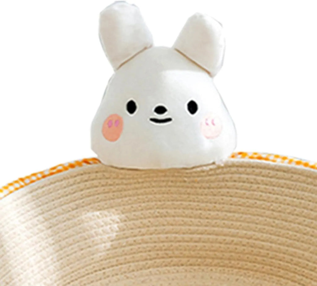 Woven cotton rope basket serving as a cat bed and scratcher in a natural colour.