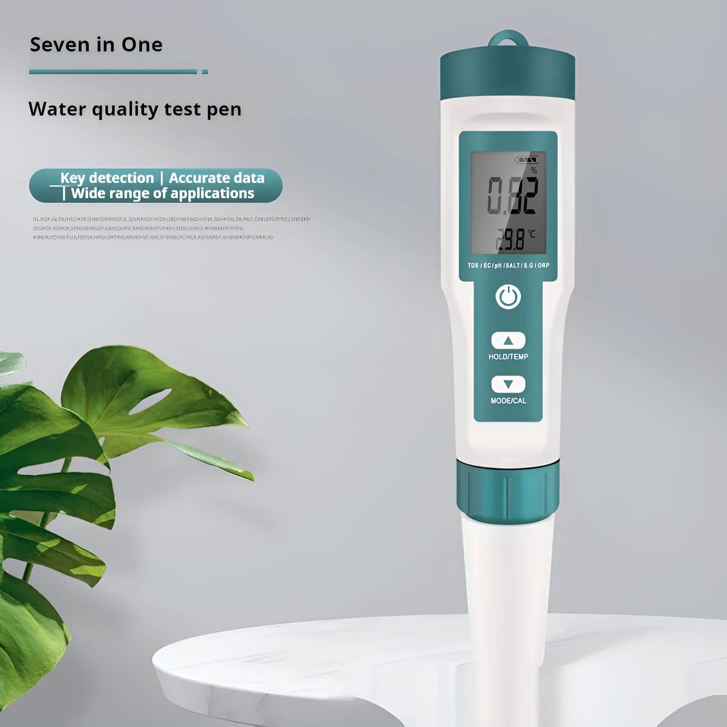 7-in-1 water quality test pen with plastic body, TDS and pH detector, 183x37x37mm