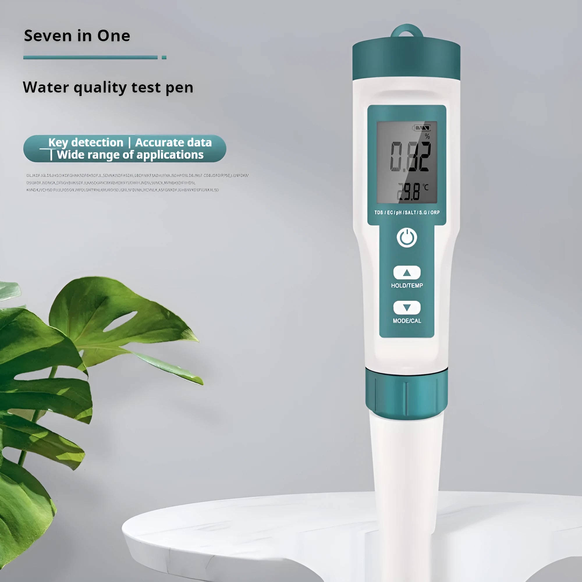 7-in-1 water quality test pen with plastic body, TDS and pH detector, 183x37x37mm