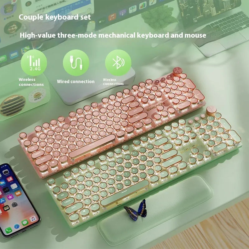 Matcha green mechanical gaming keyboard with white backlighting, aluminium panel, and multifunction knob on desk