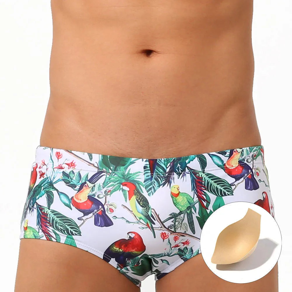 Men's floral print nylon swimming trunks with a cup cover, shown in the 619 flowers and birds colour pattern.