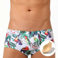 Men's floral print nylon swimming trunks with a cup cover, shown in the 619 flowers and birds colour pattern.